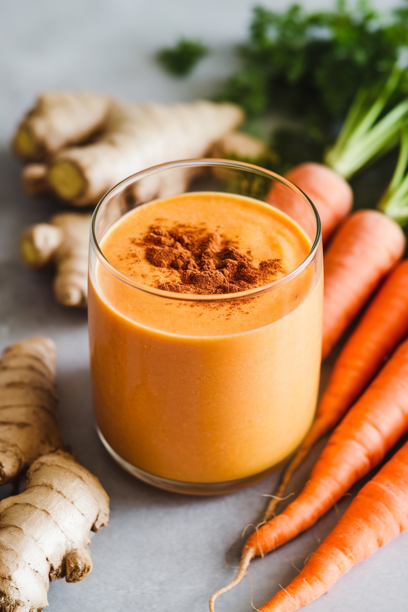 A vibrant orange smoothie in a glass, with fresh carrots and ginger nearby.
