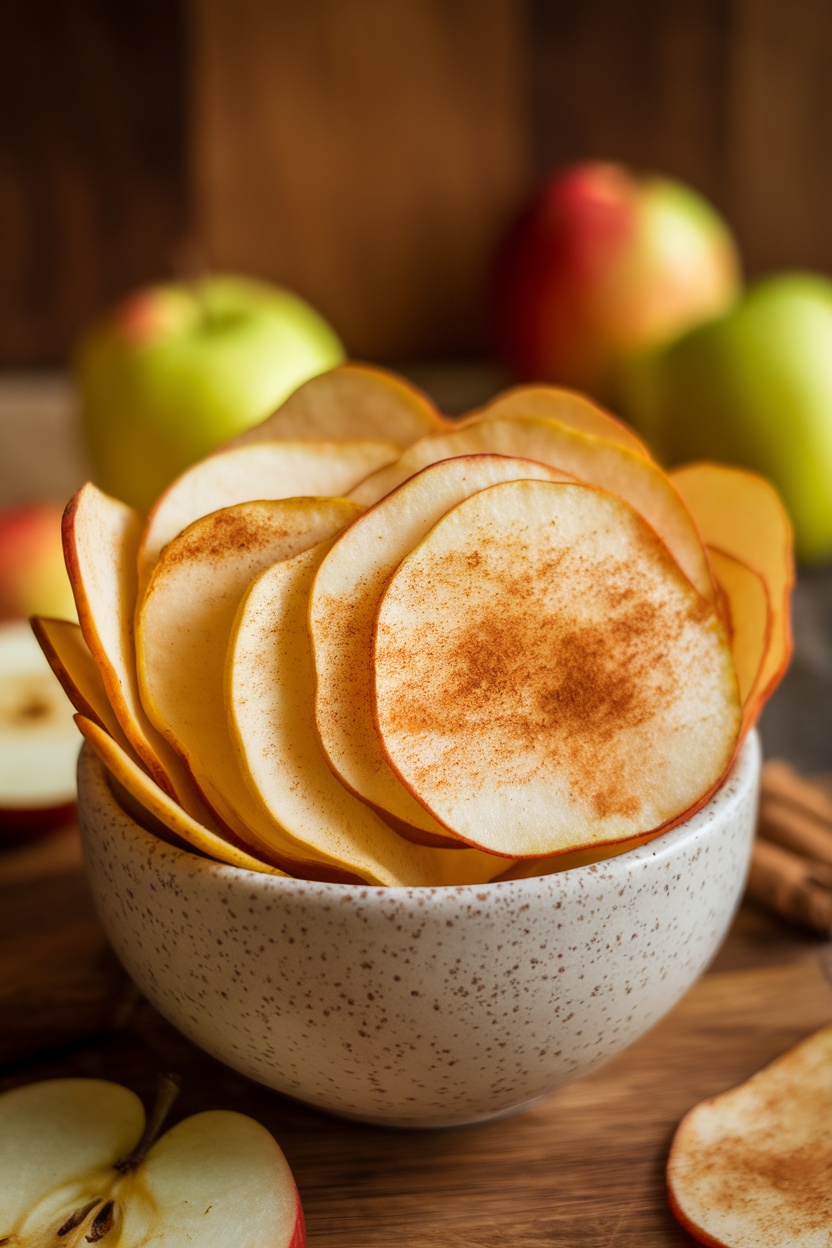 A bowl of oven-baked apple chips garnished with cinnamon.