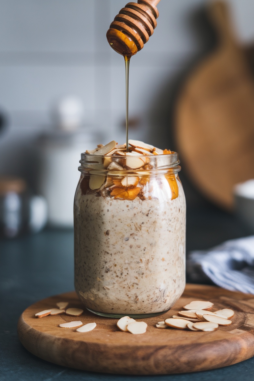 A jar of overnight oats topped with almonds and honey