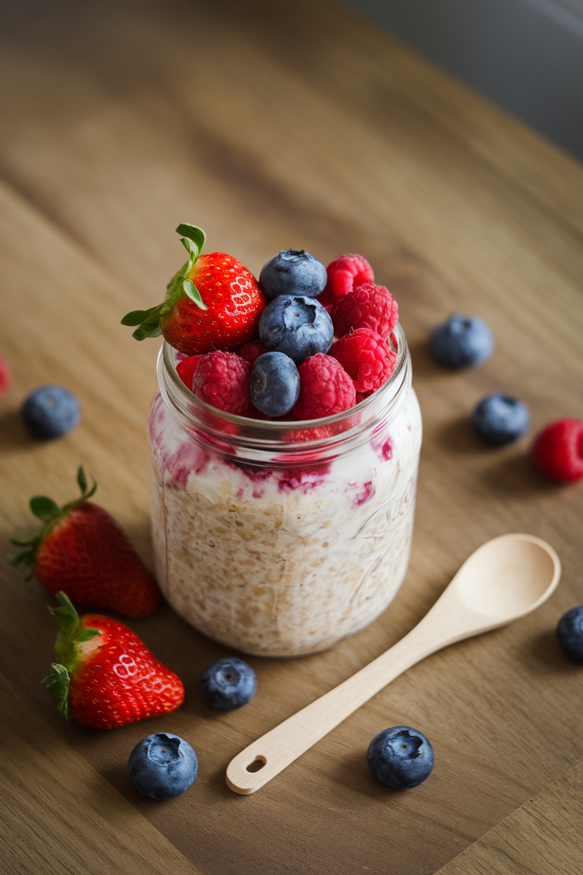 A jar of overnight oats topped with fresh strawberries, blueberries, and raspberries.