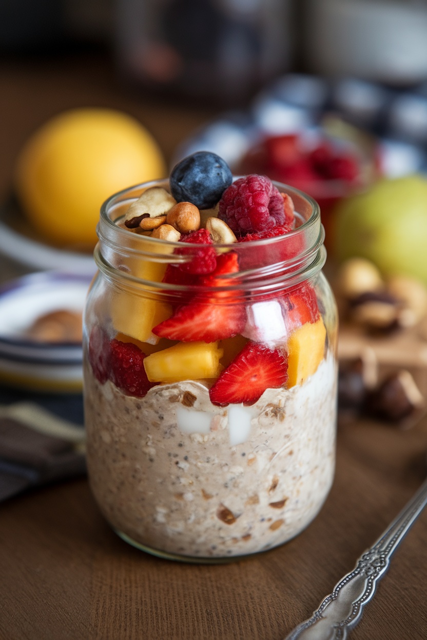 A jar of overnight oats topped with fresh fruits and nuts.