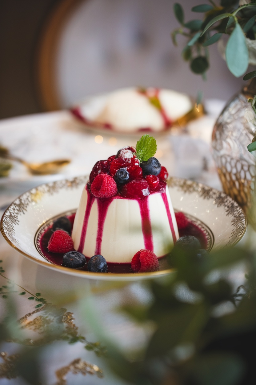 A delicious panna cotta topped with berry sauce and fresh berries, elegantly presented on a plate.