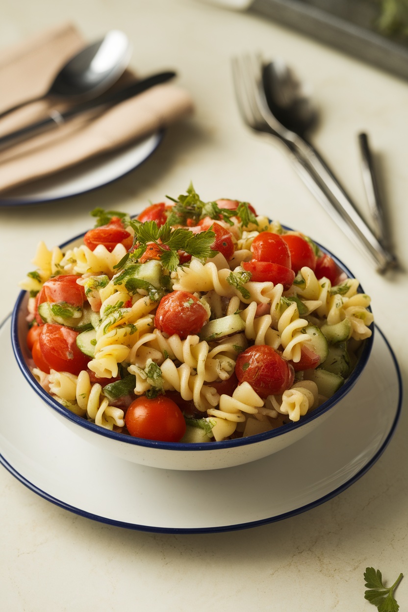 A bowl of pasta salad with cherry tomatoes and cucumbers, garnished with herbs.
