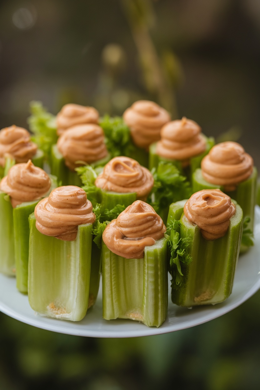 Peanut butter-filled celery sticks topped with optional garnishes.