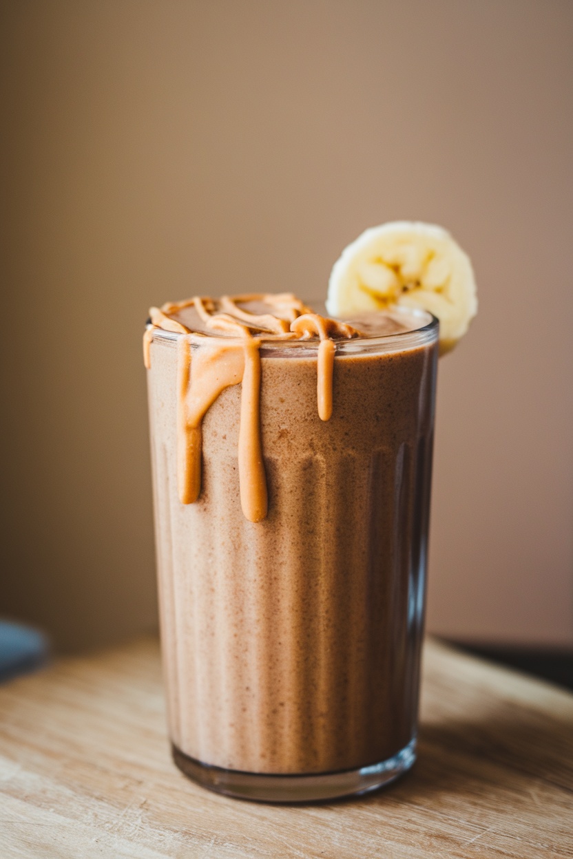 A peanut butter banana energy shake in a glass, topped with a drizzle of peanut butter and a slice of banana.