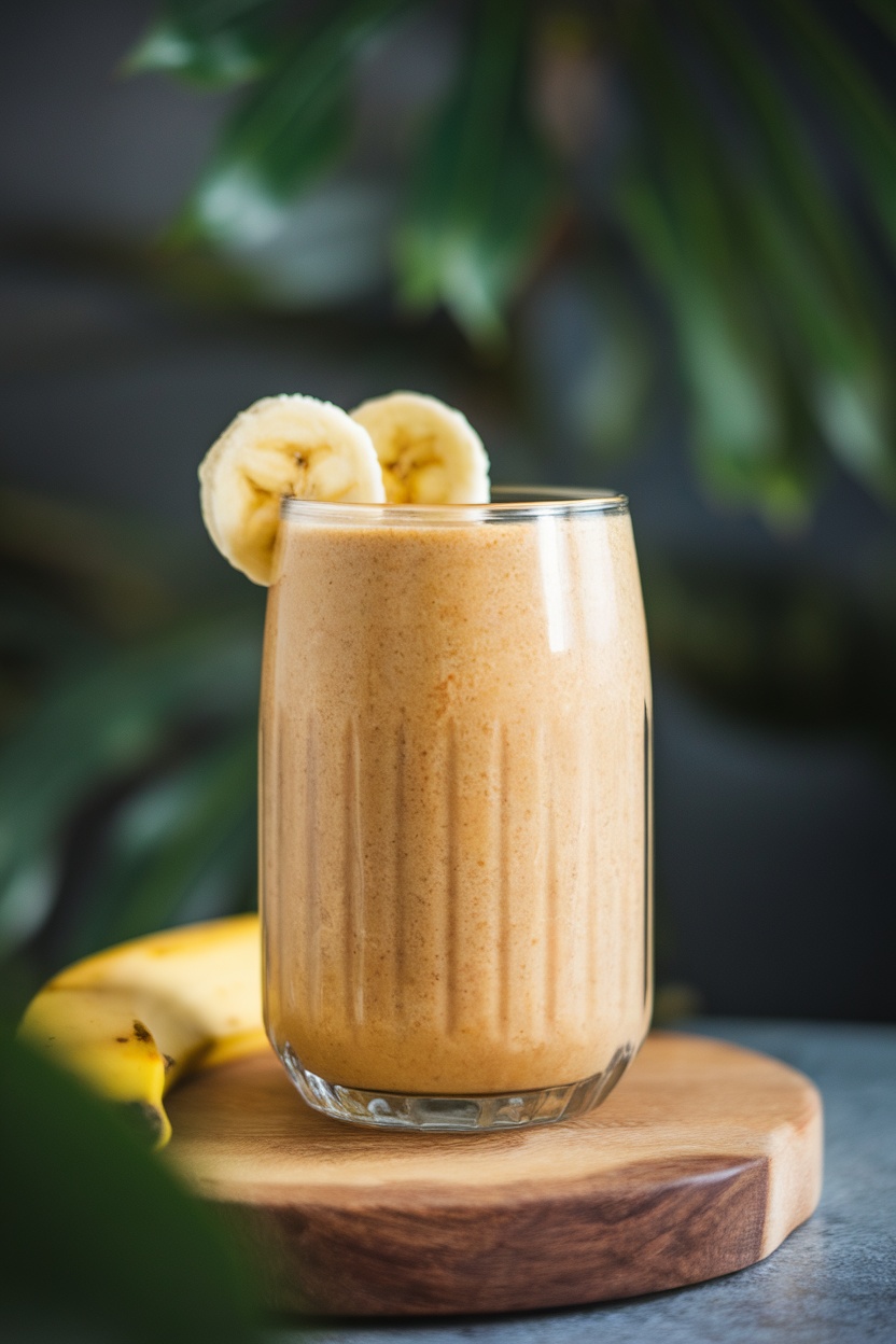 A creamy peanut butter banana smoothie in a glass, garnished with banana slices.