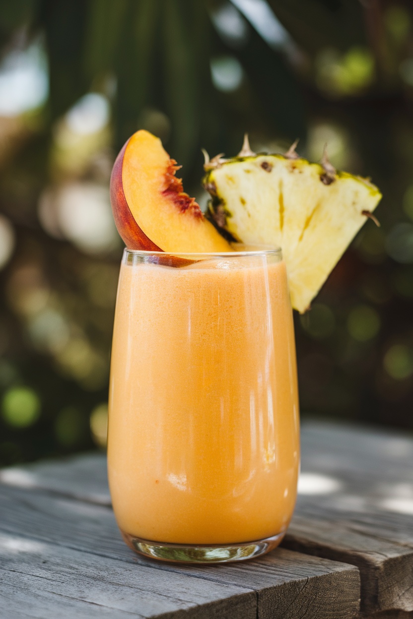 A glass of pineapple peach smoothie garnished with peach and pineapple slices