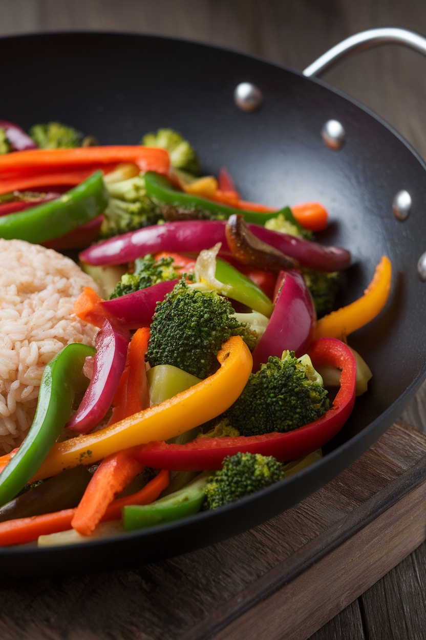 A colorful veggie stir-fry with rice in a black pan