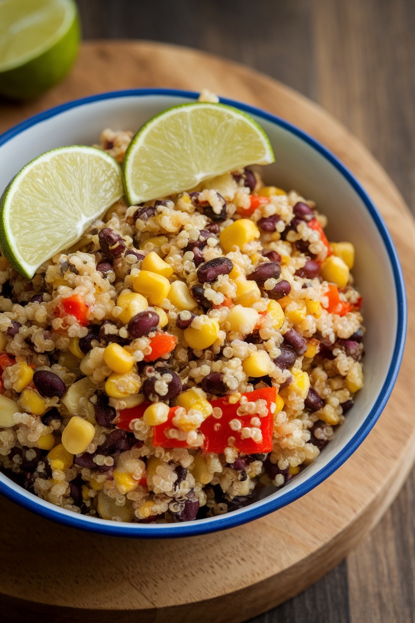 A vibrant quinoa salad with black beans, corn, and bell peppers garnished with lime slices.