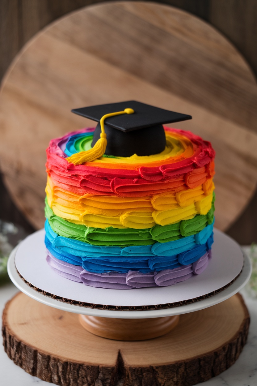 A colorful rainbow layer cake with a black graduation cap on top, sitting on a rustic wooden cake stand.