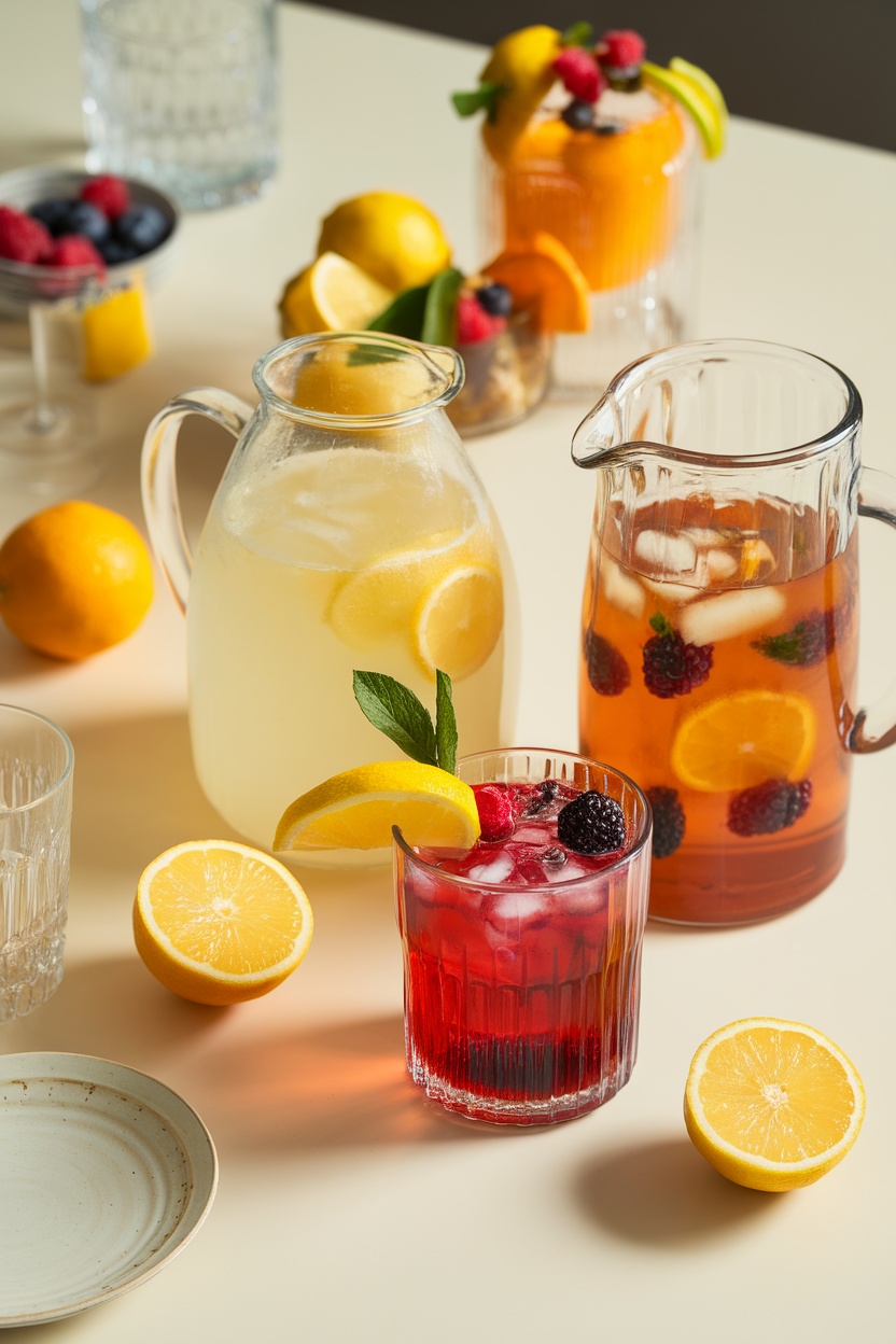 A vibrant display of lemonade and iced tea with fresh fruits and herbs.