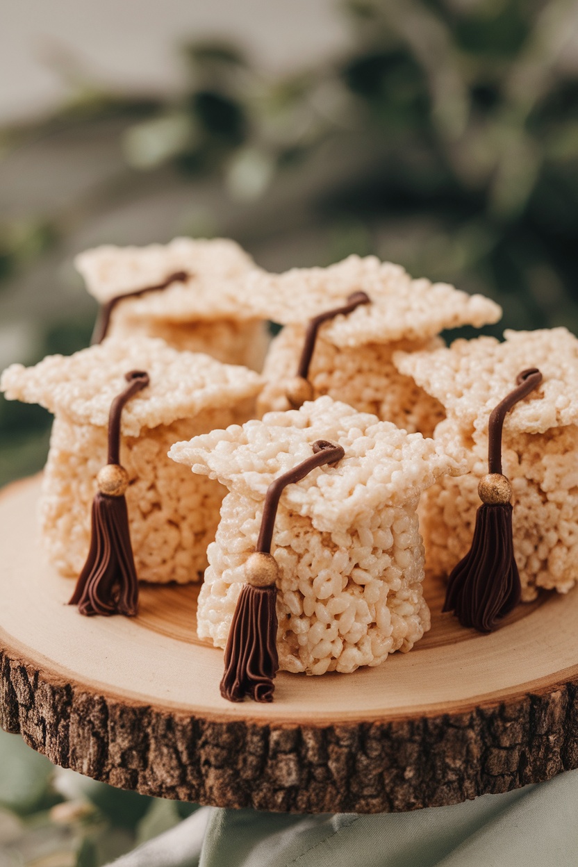 A close-up of Rice Krispie treat graduation caps on a wooden platter.