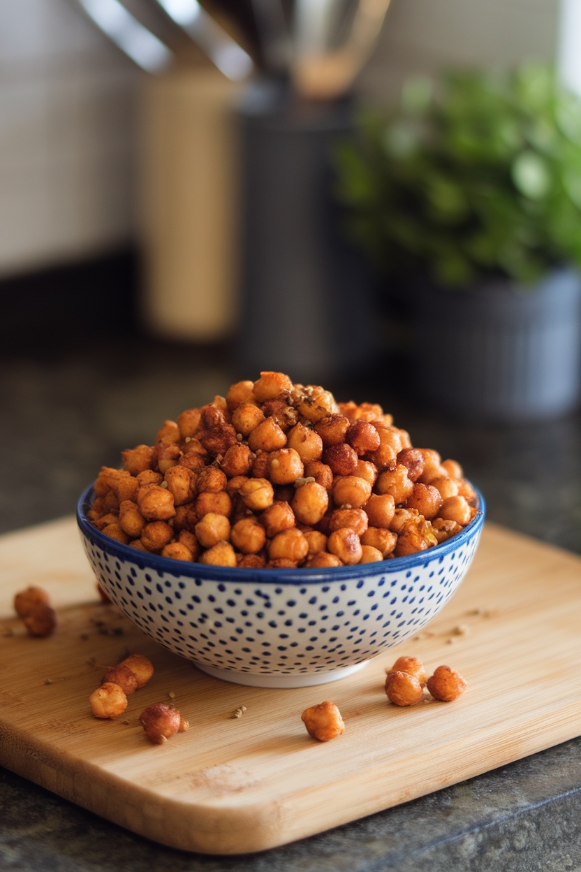 A bowl of crispy roasted chickpeas seasoned with spices.