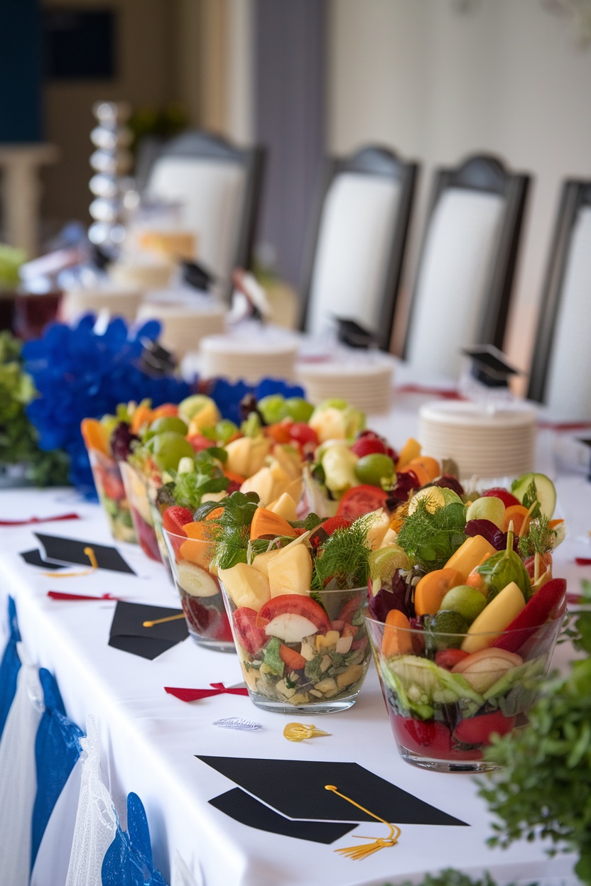 Colorful salad cups filled with fresh fruits and vegetables on a graduation party table