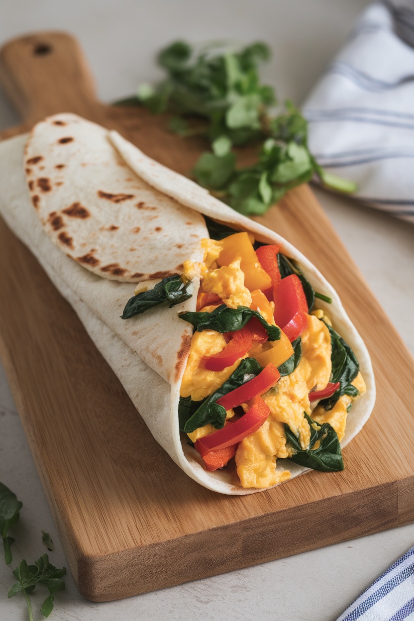 A delicious savory breakfast burrito filled with scrambled eggs and colorful veggies.