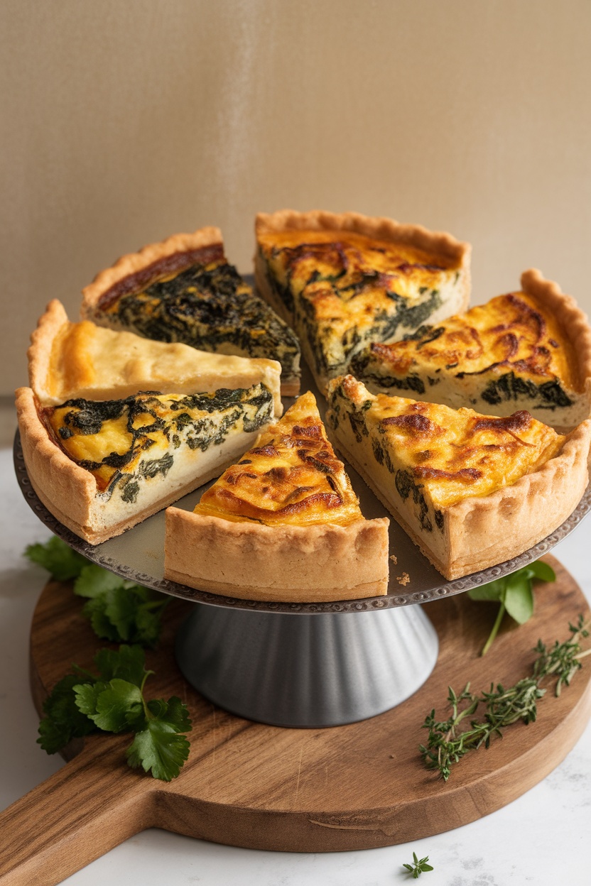 A beautiful display of savory quiche slices on a cake stand.