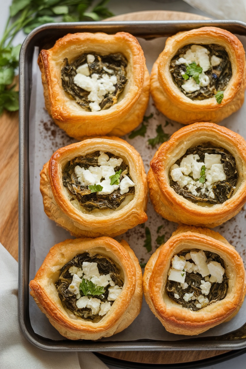 Savory spinach and feta pastry puffs arranged on a tray.