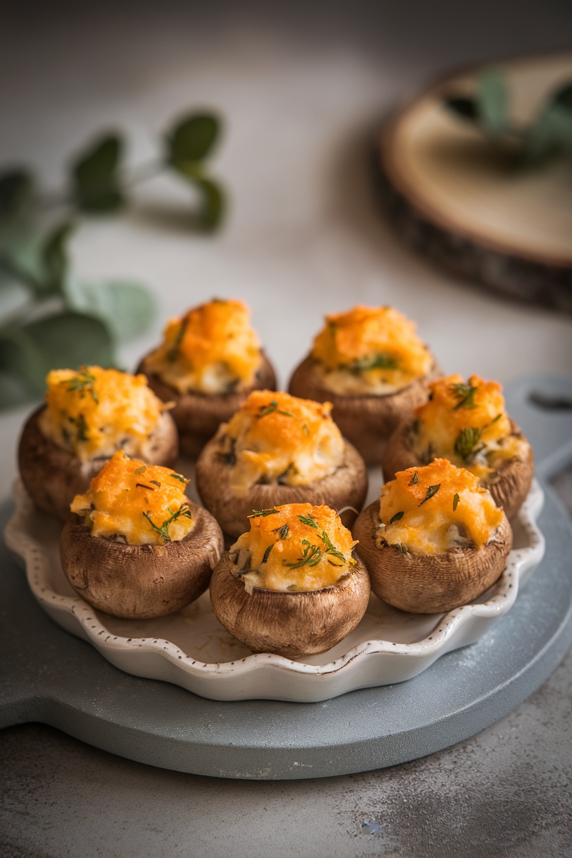 A plate of savory stuffed mushrooms topped with cheese and herbs.