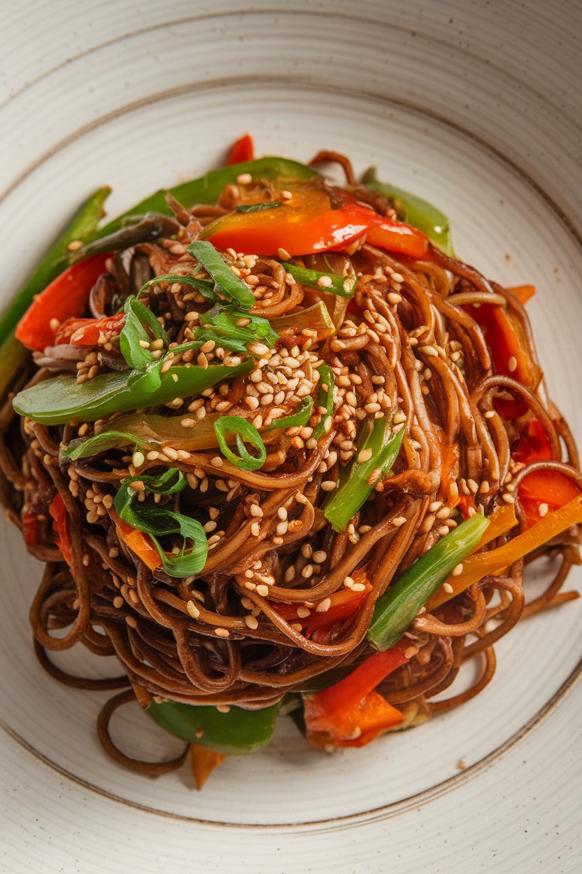 A bowl of stir-fried noodles with bell peppers, snap peas, and green onions, garnished with sesame seeds.
