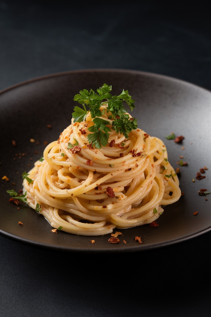 A serving of Spaghetti Aglio e Olio topped with parsley.
