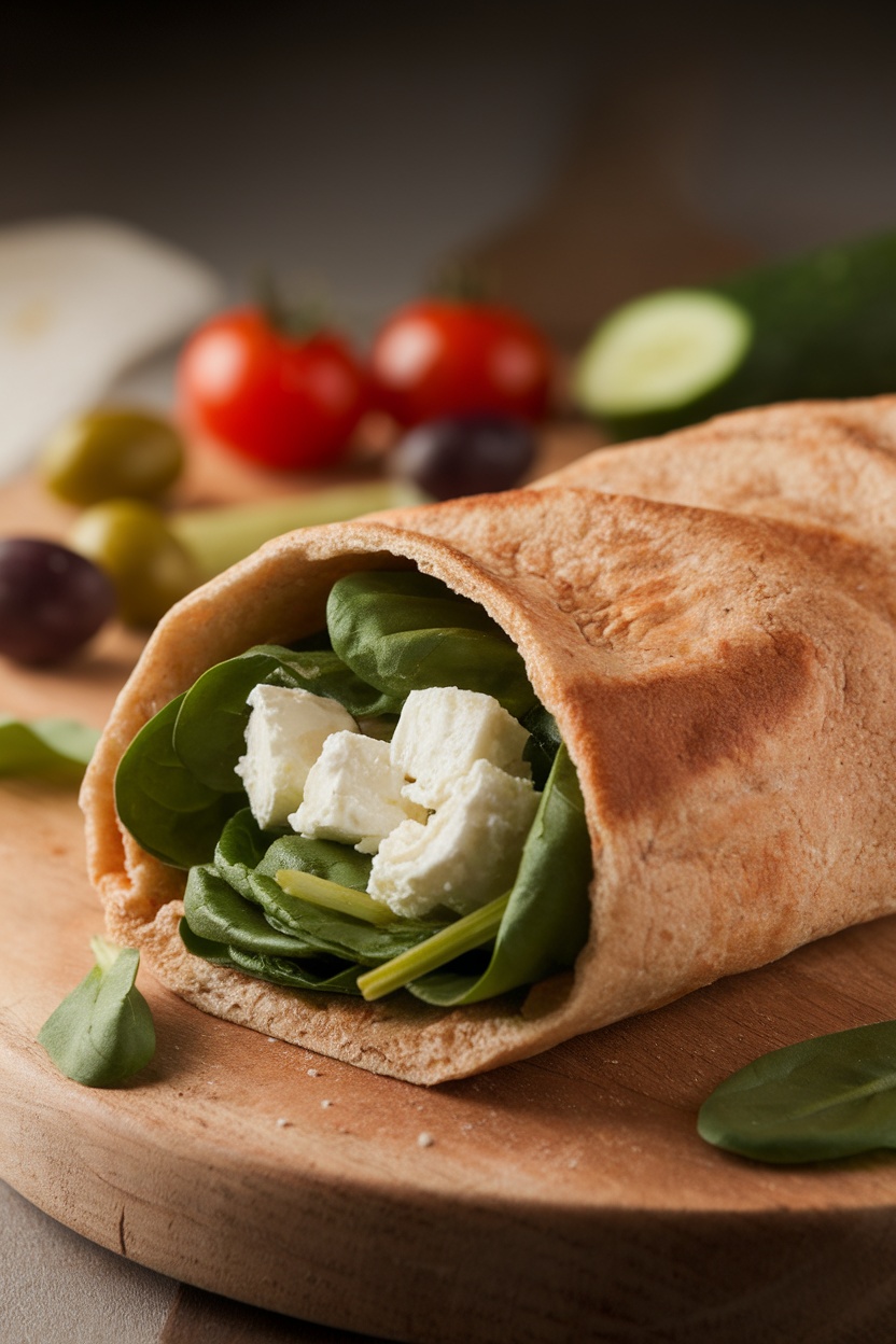 Spinach and feta stuffed pita with fresh vegetables