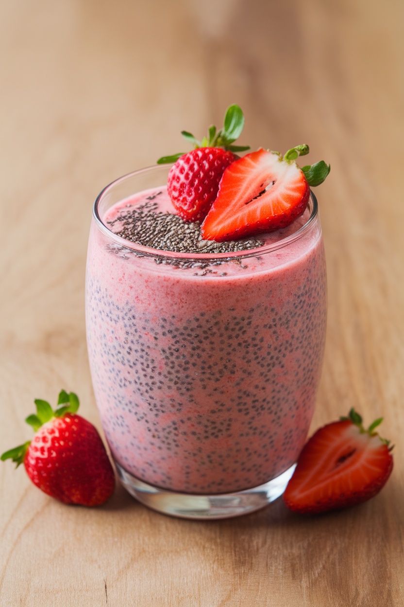 A glass of strawberry chia seed smoothie with fresh strawberries on the side.