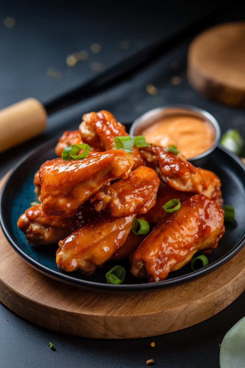 A plate of sweet and spicy chicken wings topped with green onions, served with a dipping sauce.
