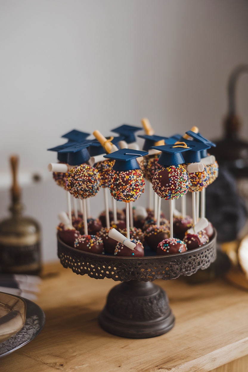A display of themed cake pops decorated like graduation caps and diplomas.
