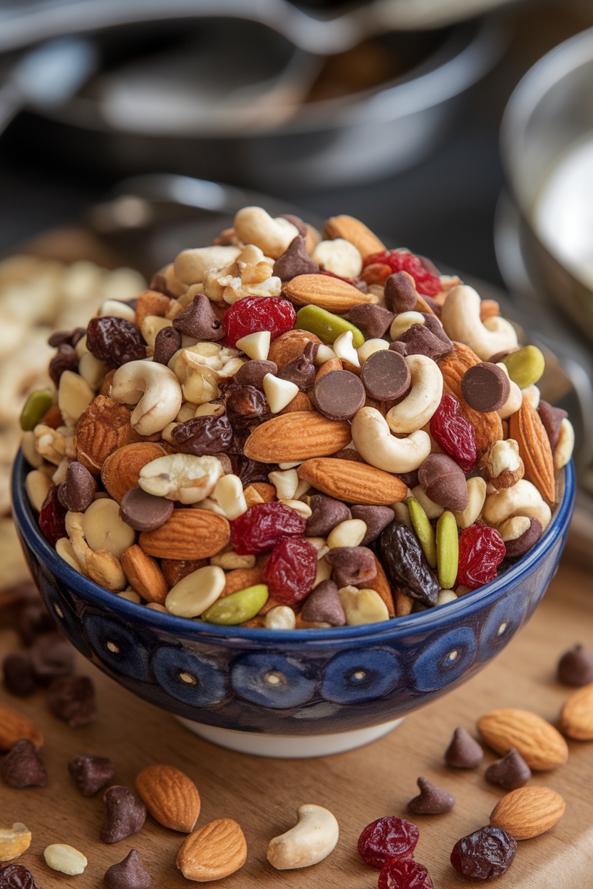 A colorful bowl of trail mix with nuts, dried fruits, and chocolate chips.