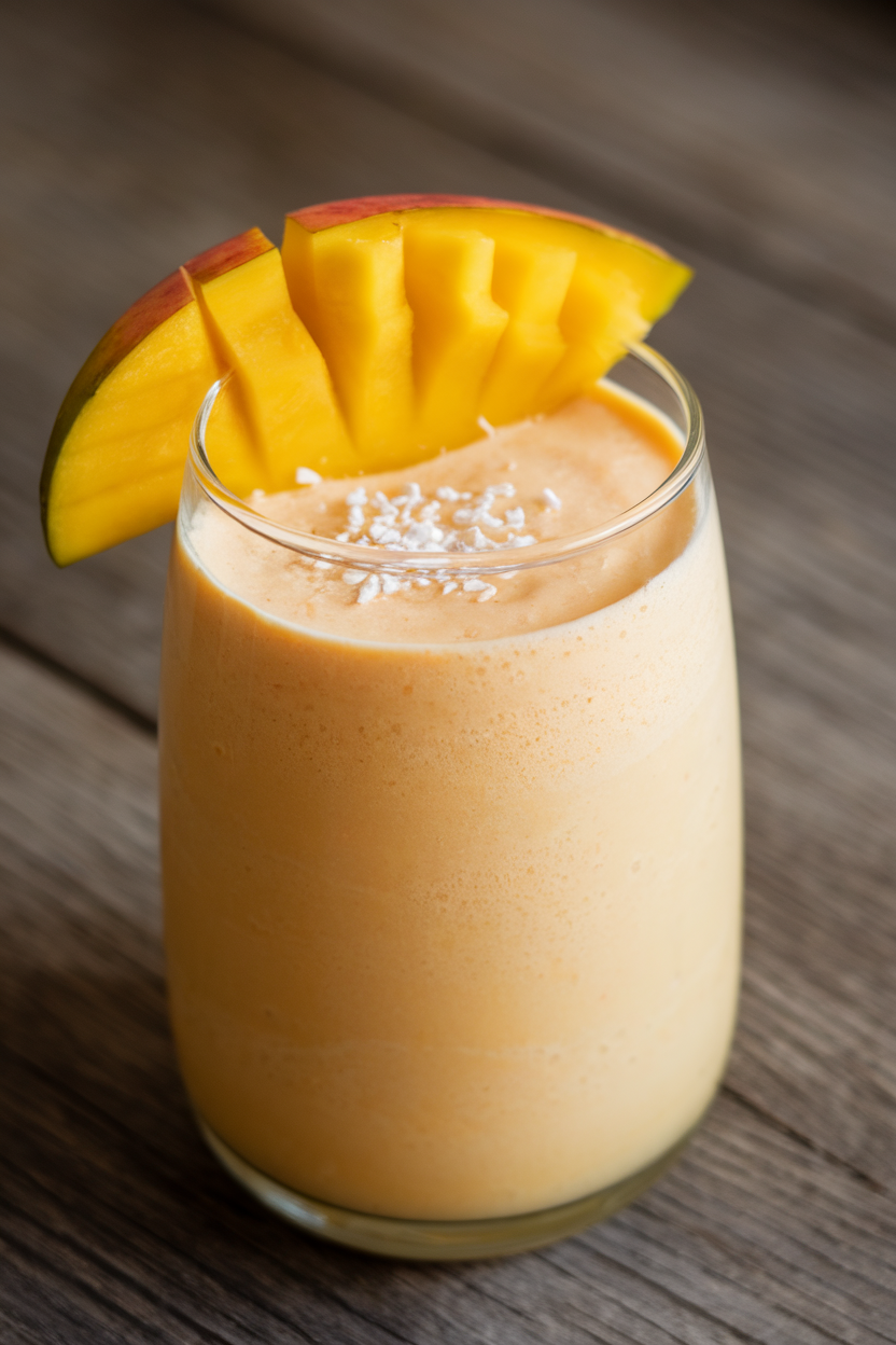 Tropical Mango Coconut Delight smoothie in a coconut shell