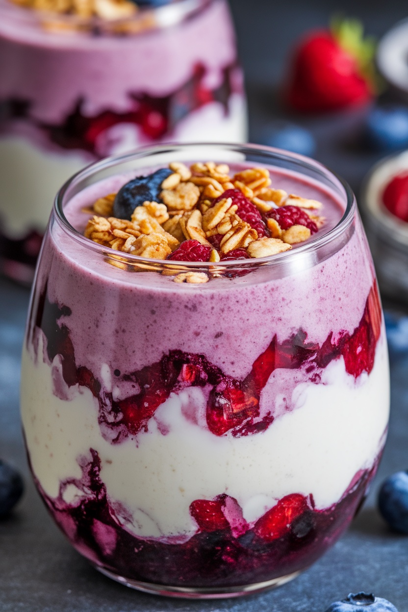 A delicious Vanilla Yogurt Berry Crunch with layers of yogurt, mixed berries, and granola.
