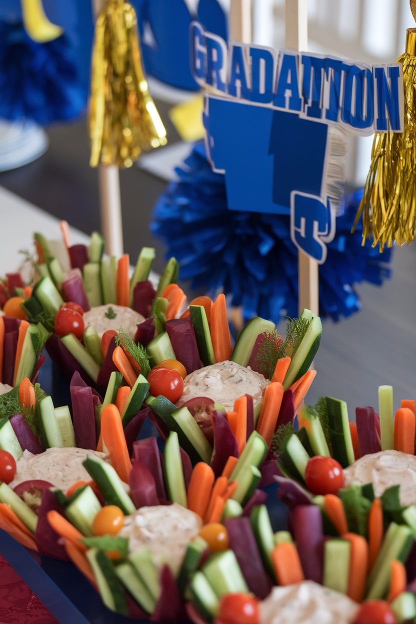 Colorful veggie cups with a variety of vegetables and dips, set up for a graduation party.