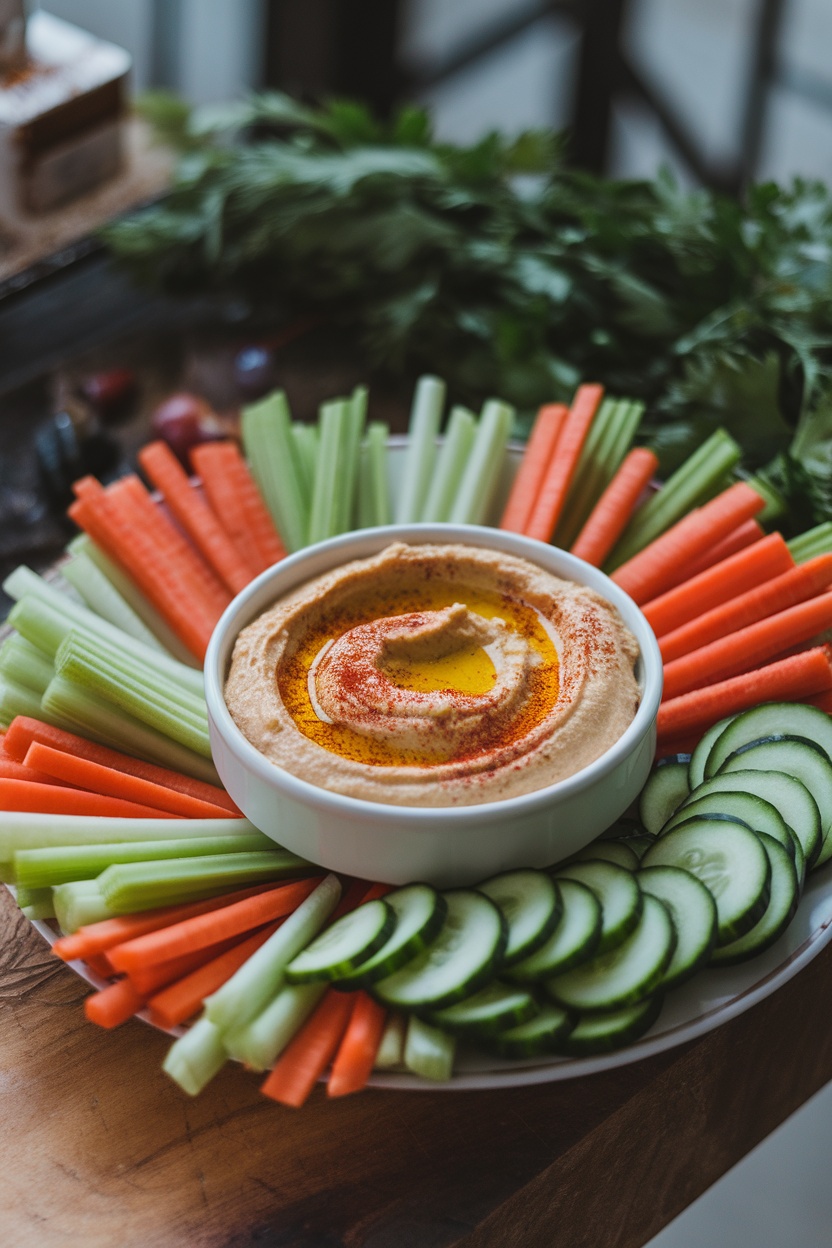 A platter of colorful veggie sticks arranged around a bowl of hummus.