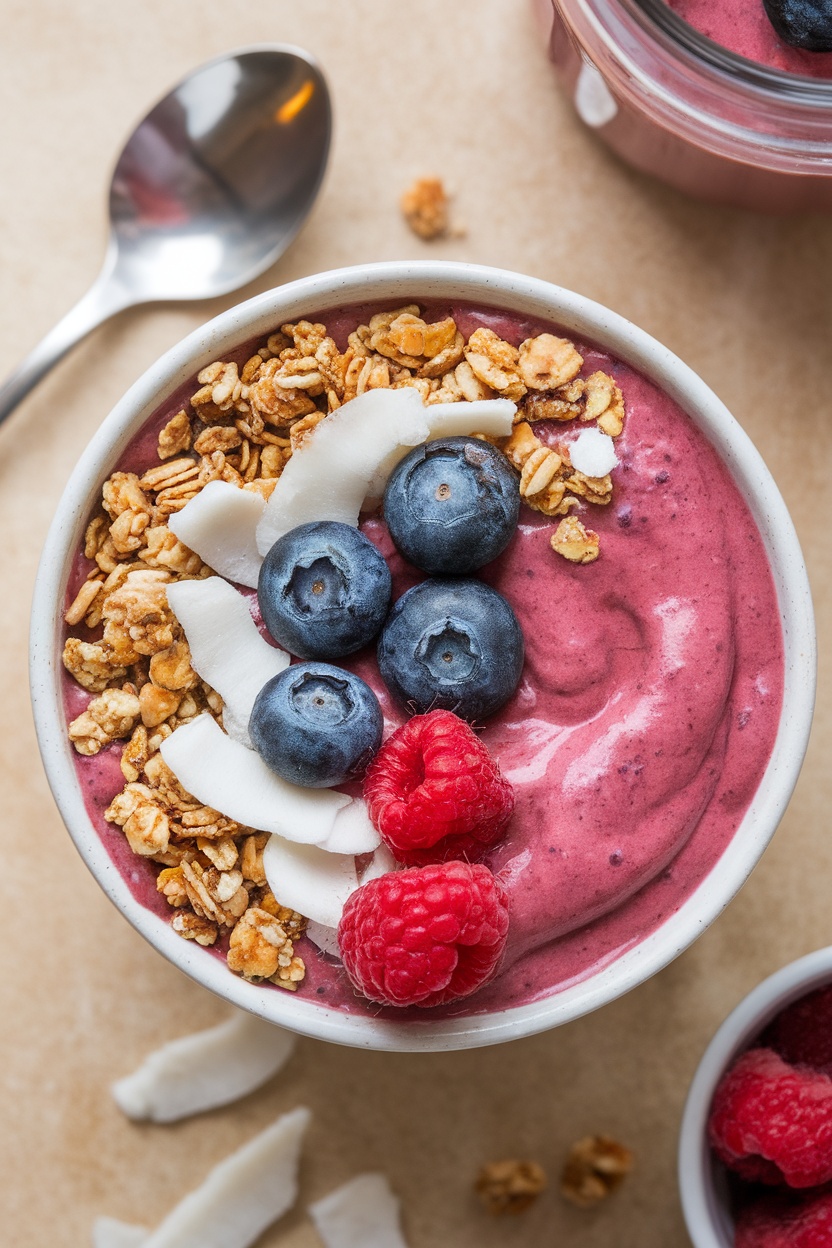 A colorful yogurt smoothie bowl topped with granola, berries, and coconut.