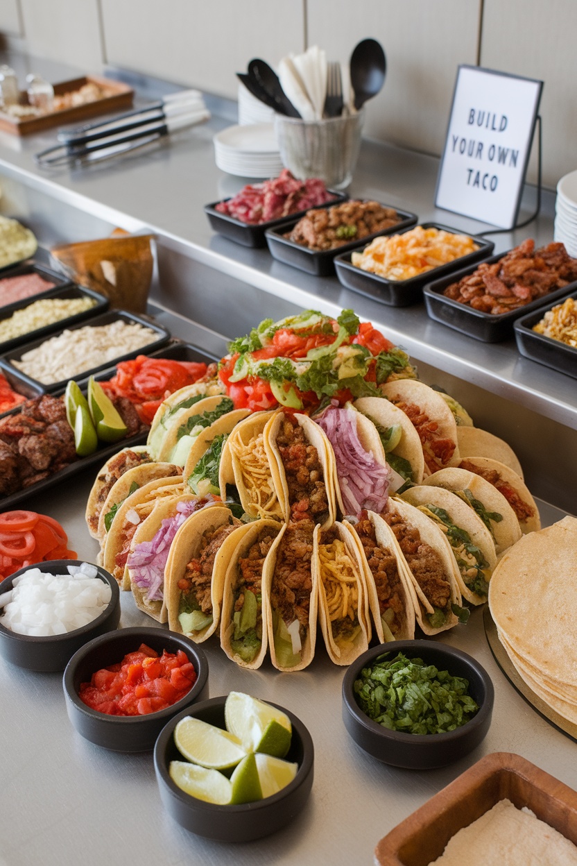 A taco bar with various toppings and tacos ready for guests to customize.