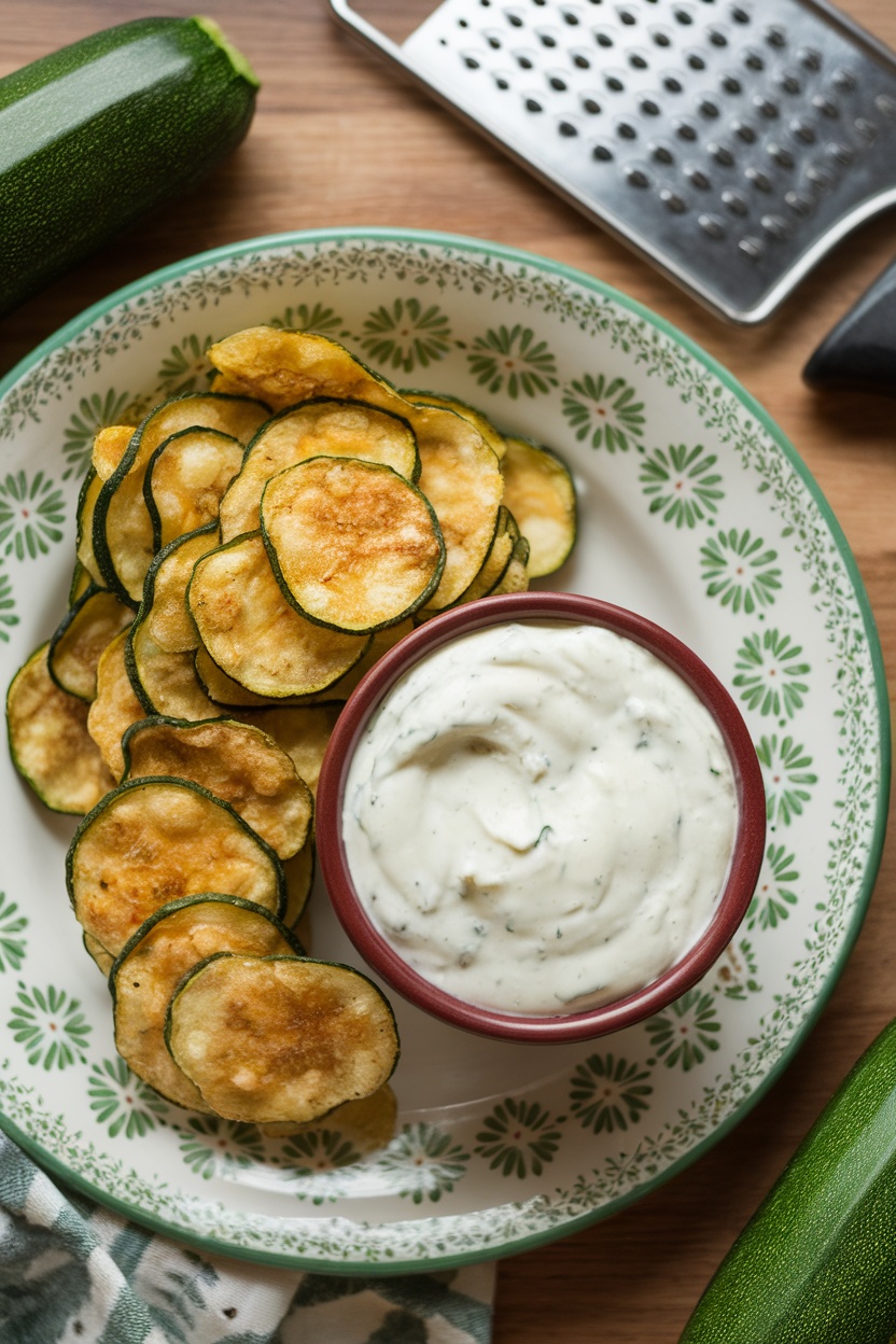 Plate of homemade zucchini chips with a creamy dip