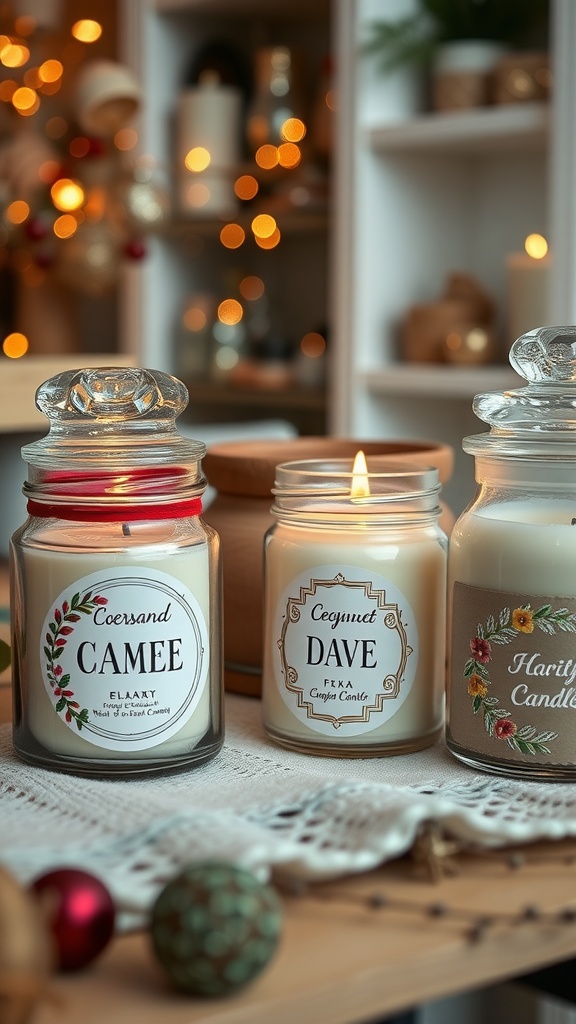 Customized candle jars with floral labels and lit candles.