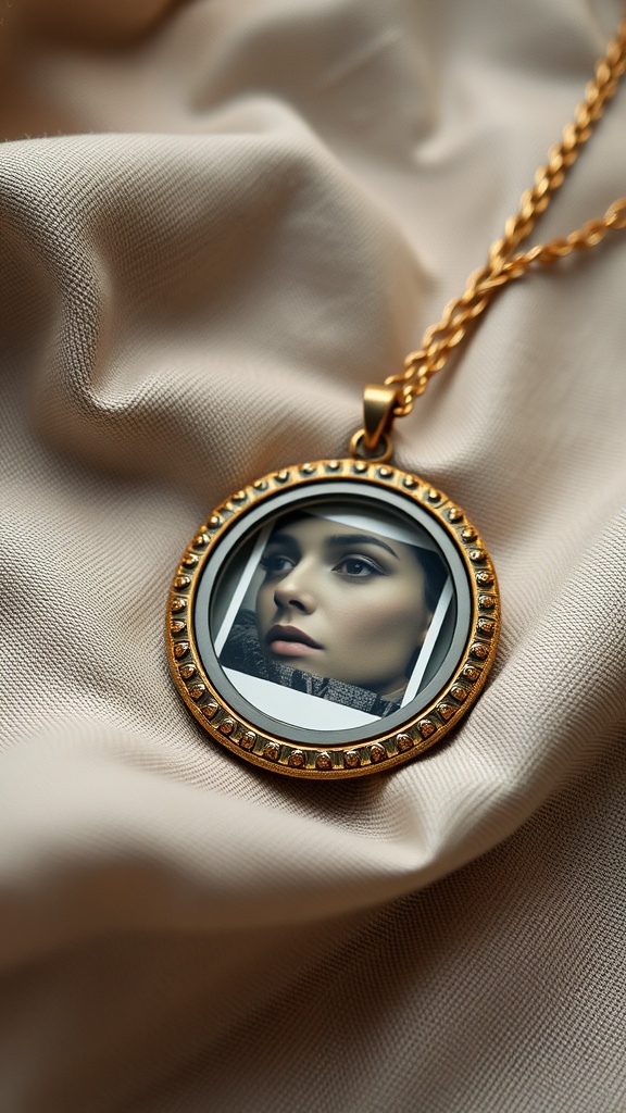 A close-up of a gold locket with a photo inside, resting on soft fabric.