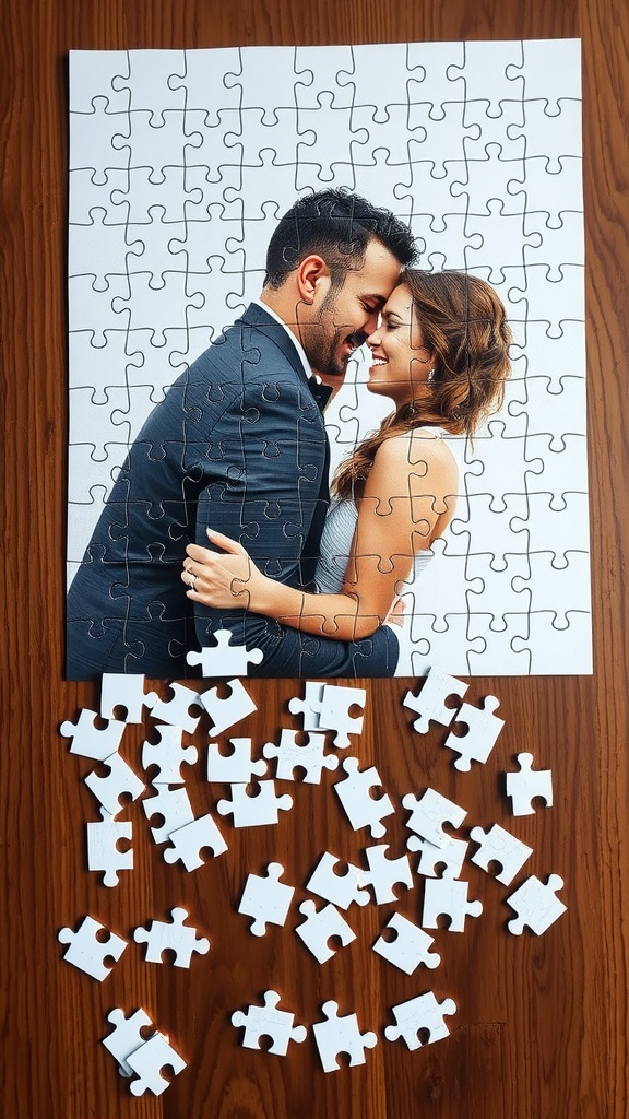 A customized puzzle laid out with a personal photo of a couple, with scattered puzzle pieces on a wooden table.