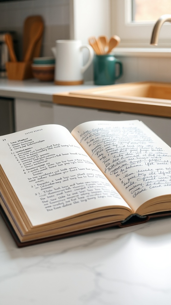 Open recipe book with handwritten notes and recipes on a kitchen countertop.