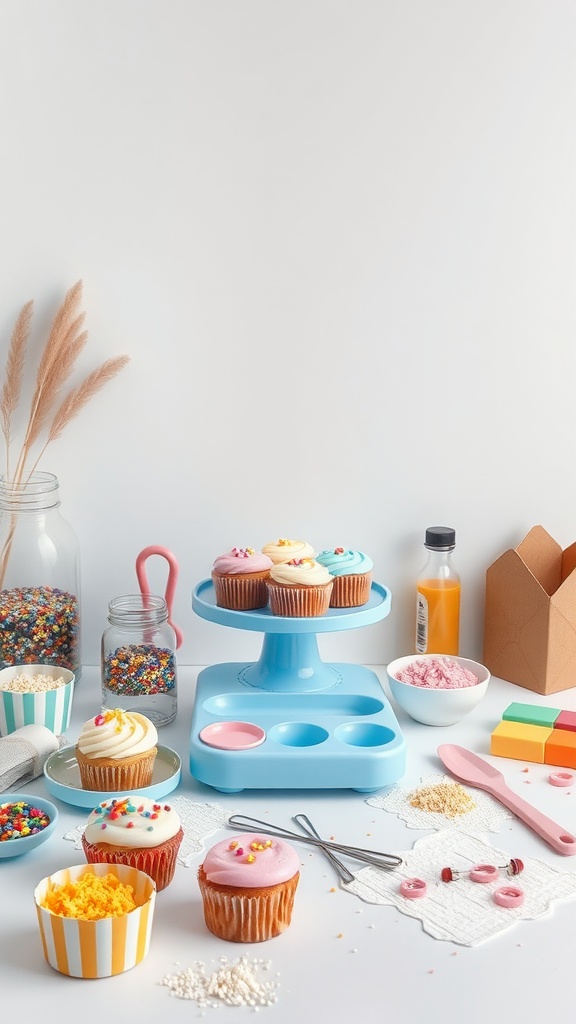 A beautiful setup for a DIY cupcake kit, featuring cupcakes, sprinkles, and baking supplies.