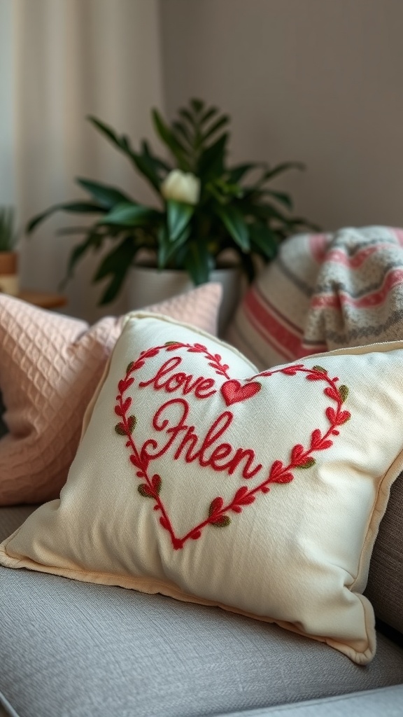 Embroidered heart pillow with the words 'love Friend' surrounded by decorative leaves, resting on a couch.