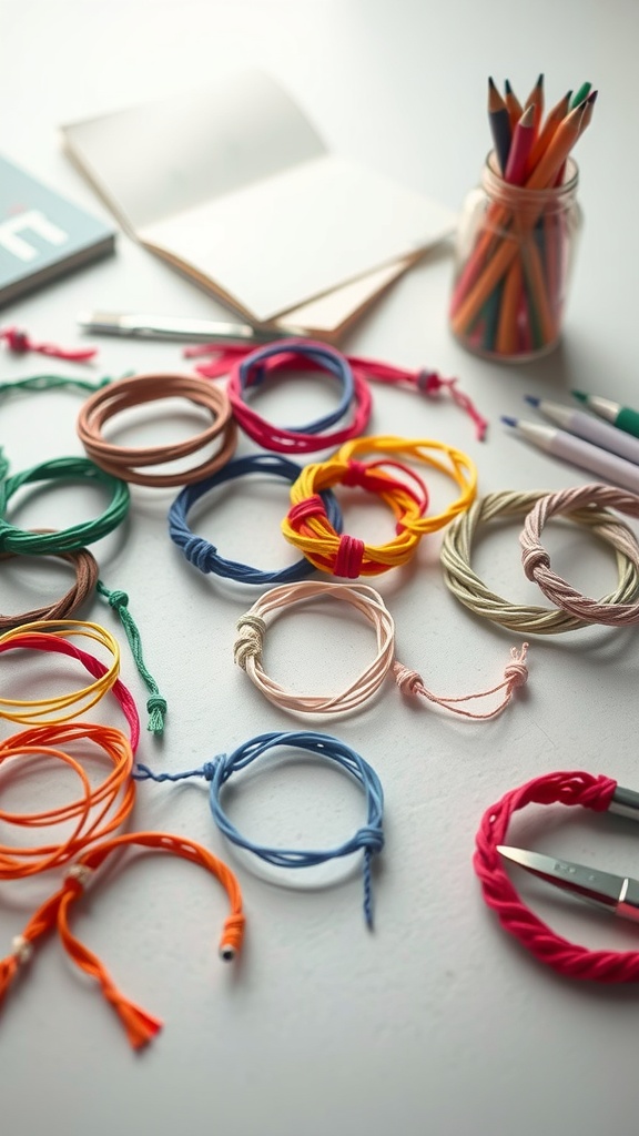 Colorful DIY friendship bracelets and crafting materials on a table