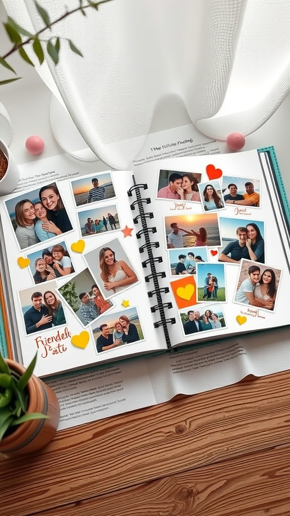 A colorful DIY friendship photo book opened on a table, featuring various photos and decorative elements.