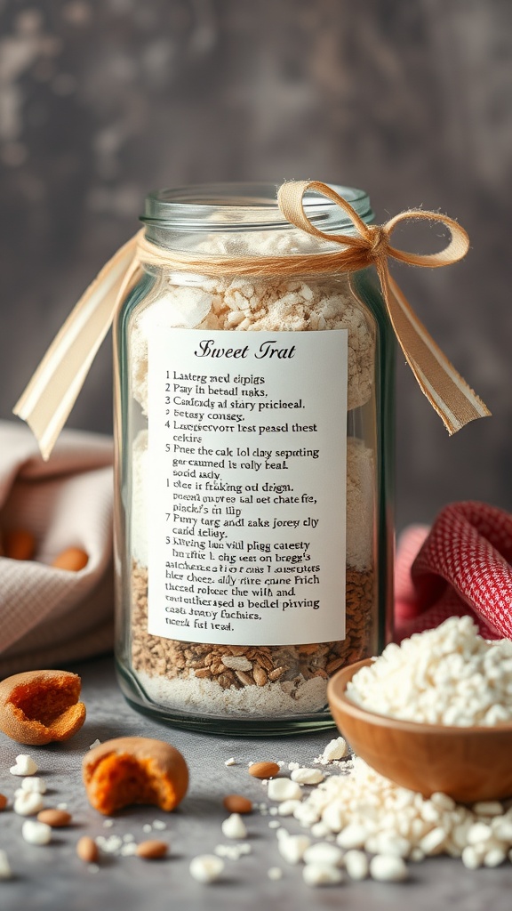 A glass jar filled with layered ingredients for a dessert recipe, tied with a ribbon and a recipe card.