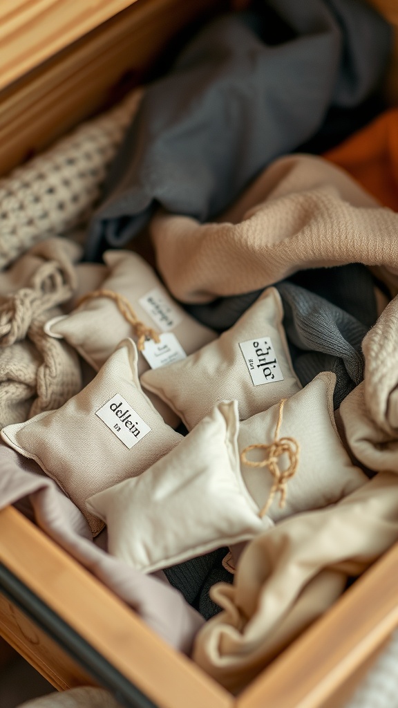 A collection of small scented sachets placed in a drawer, surrounded by soft fabric.