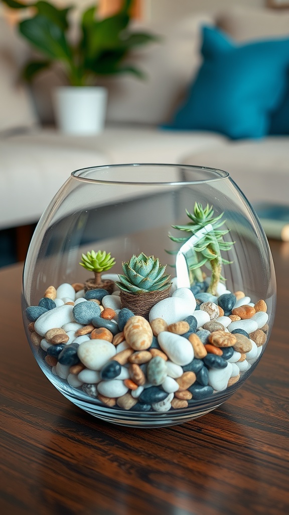 A glass terrarium filled with small plants and colorful stones on a wooden table.