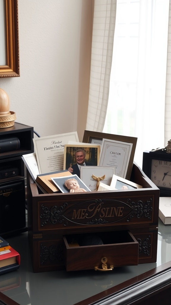 A beautifully engraved wooden keepsake box filled with photos and mementos.