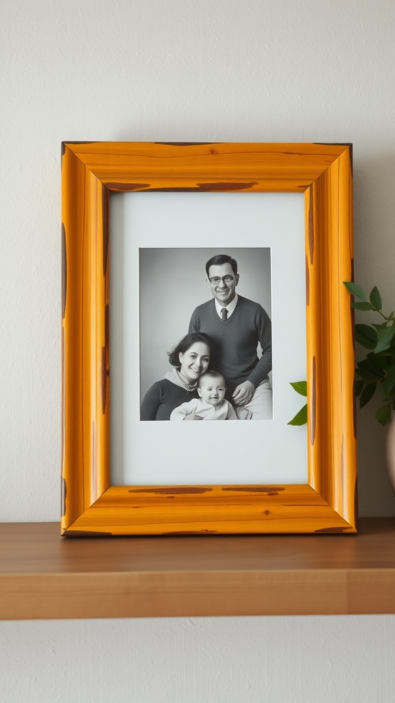 A hand-painted picture frame displaying a black and white photo of a family.