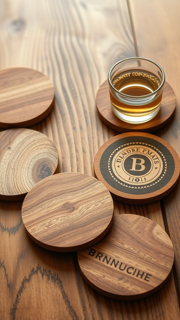 A set of wooden coasters with various designs, including personalized engravings, on a wooden table.